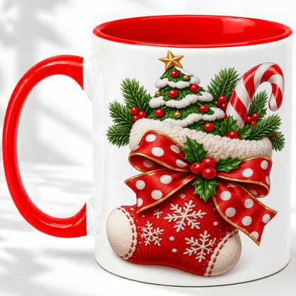 Christmas Stocking Bow Accent Mug, Ceramic Cup with Festive Art