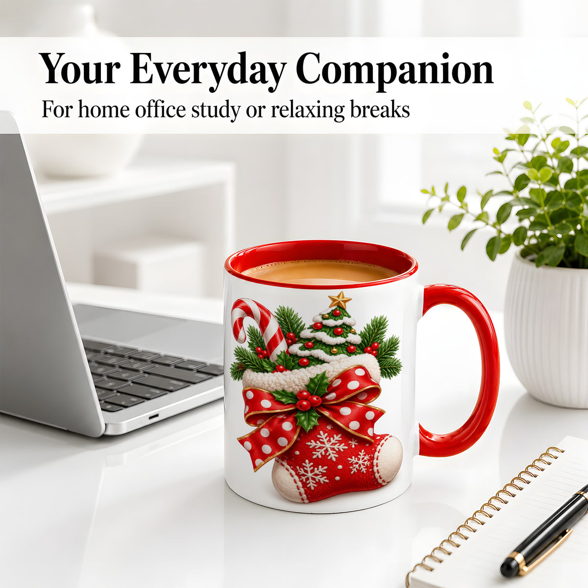 #pl[11oz|Red] Christmas Stocking Bow Accent Mug, Ceramic Cup with Festive Art