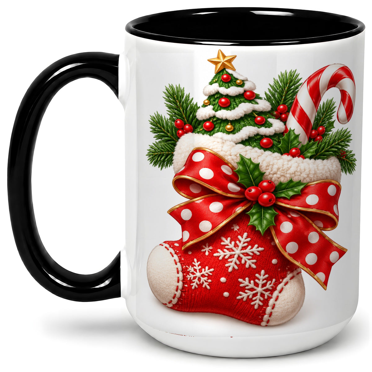 #pl[15oz|Black] Christmas Stocking Bow Accent Mug, Ceramic Cup with Festive Art