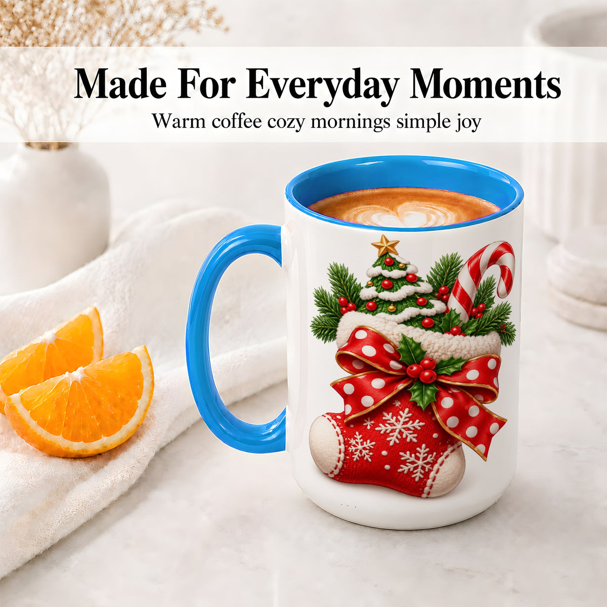#pl[15oz|Blue] Christmas Stocking Bow Accent Mug, Ceramic Cup with Festive Art