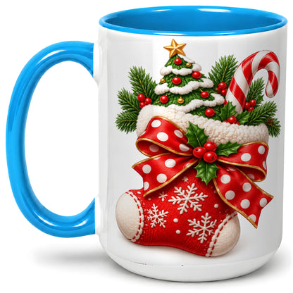 #pl[15oz|Blue] Christmas Stocking Bow Accent Mug, Ceramic Cup with Festive Art