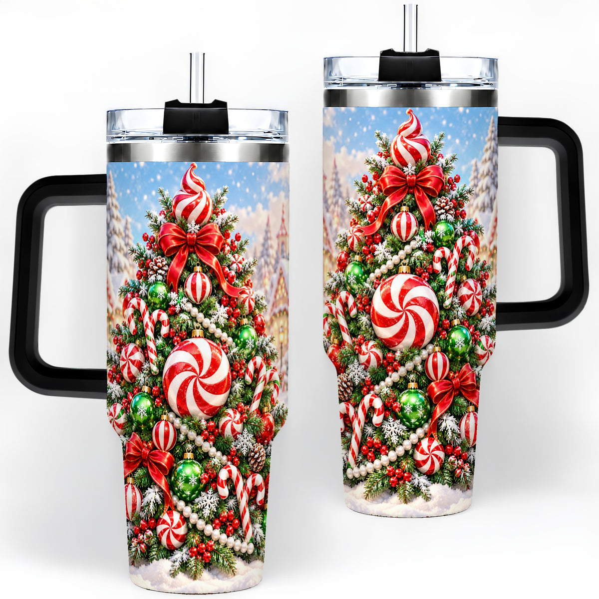 #pl[40oz|Black] Peppermint Christmas Tree 40oz Handled Tumbler, Candy Cane Design
