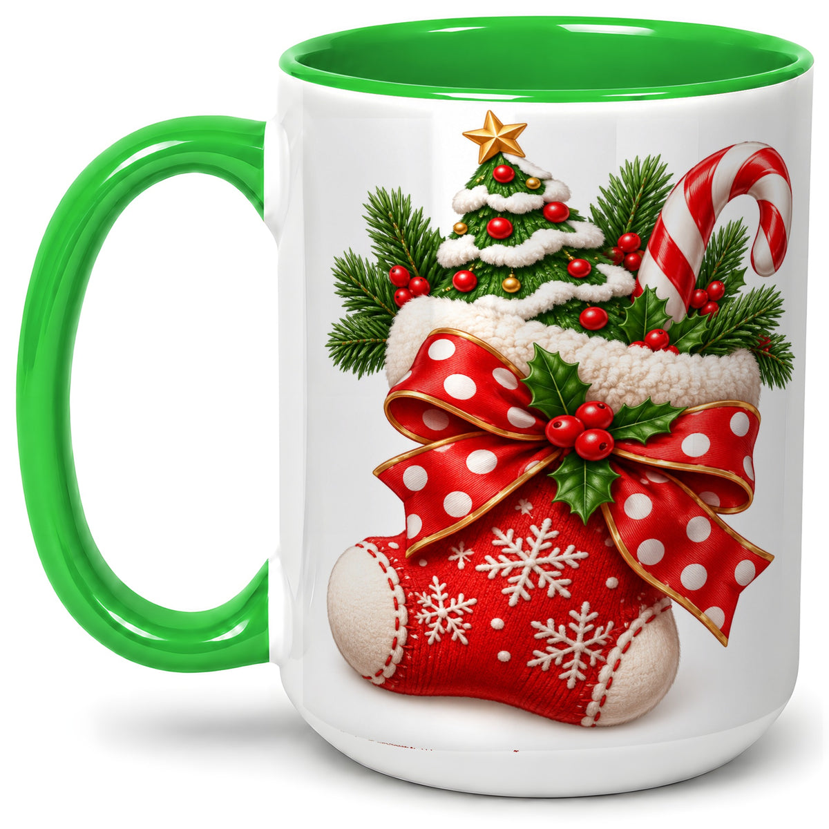 #pl[15oz|Green] Christmas Stocking Bow Accent Mug, Ceramic Cup with Festive Art