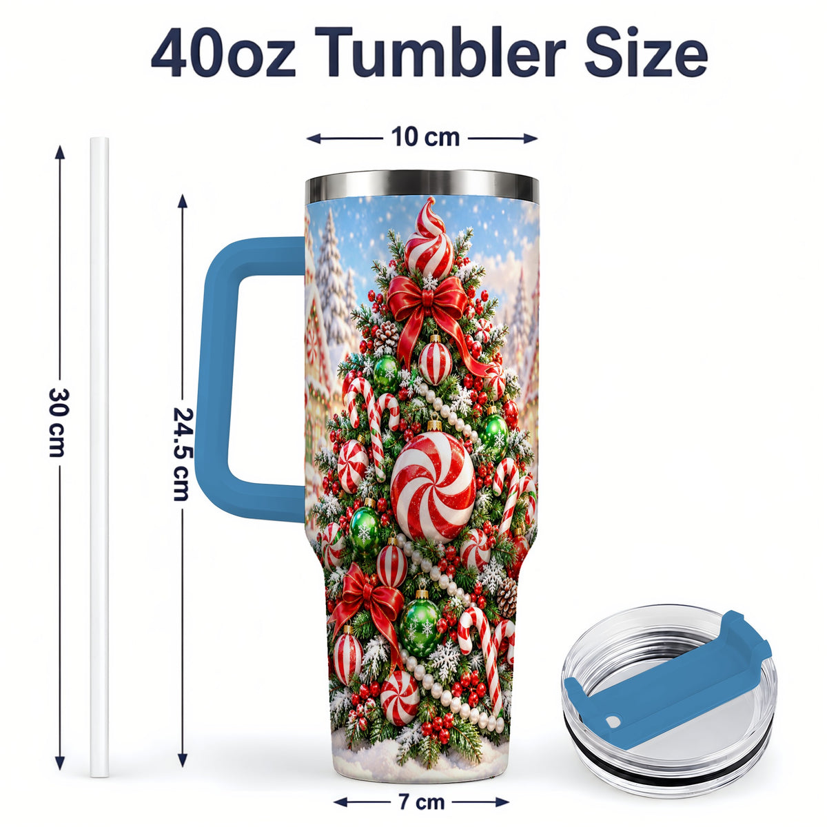 #pl[40oz|Blue] Peppermint Christmas Tree 40oz Handled Tumbler, Candy Cane Design