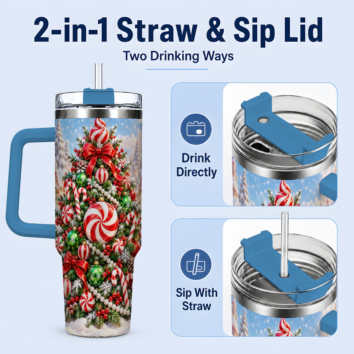 #pl[40oz|Blue] Peppermint Christmas Tree 40oz Handled Tumbler, Candy Cane Design