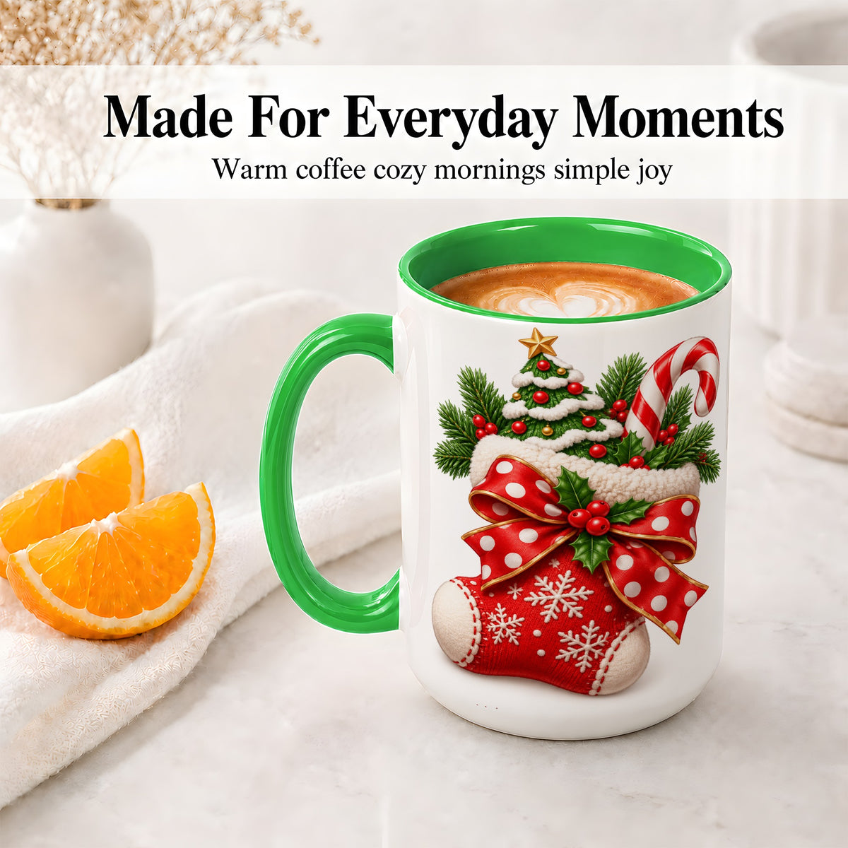 #pl[15oz|Green] Christmas Stocking Bow Accent Mug, Ceramic Cup with Festive Art