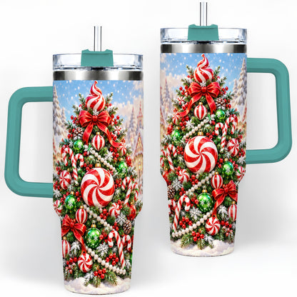 #pl[40oz|Green] Peppermint Christmas Tree 40oz Handled Tumbler, Candy Cane Design