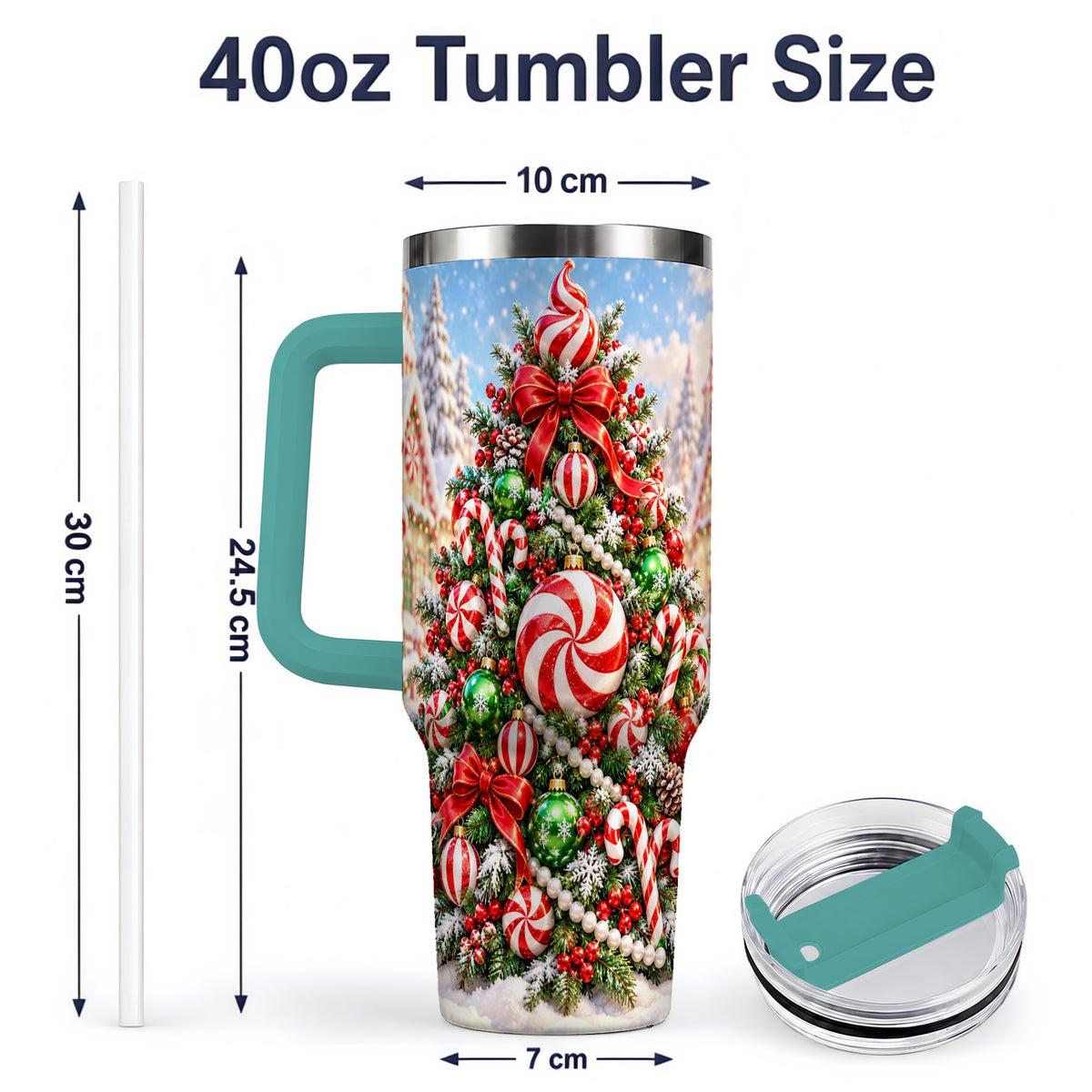 #pl[40oz|Green] Peppermint Christmas Tree 40oz Handled Tumbler, Candy Cane Design