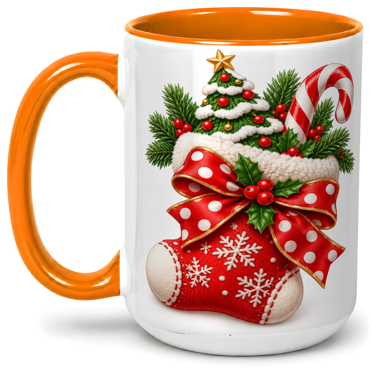 #pl[15oz|Orange] Christmas Stocking Bow Accent Mug, Ceramic Cup with Festive Art