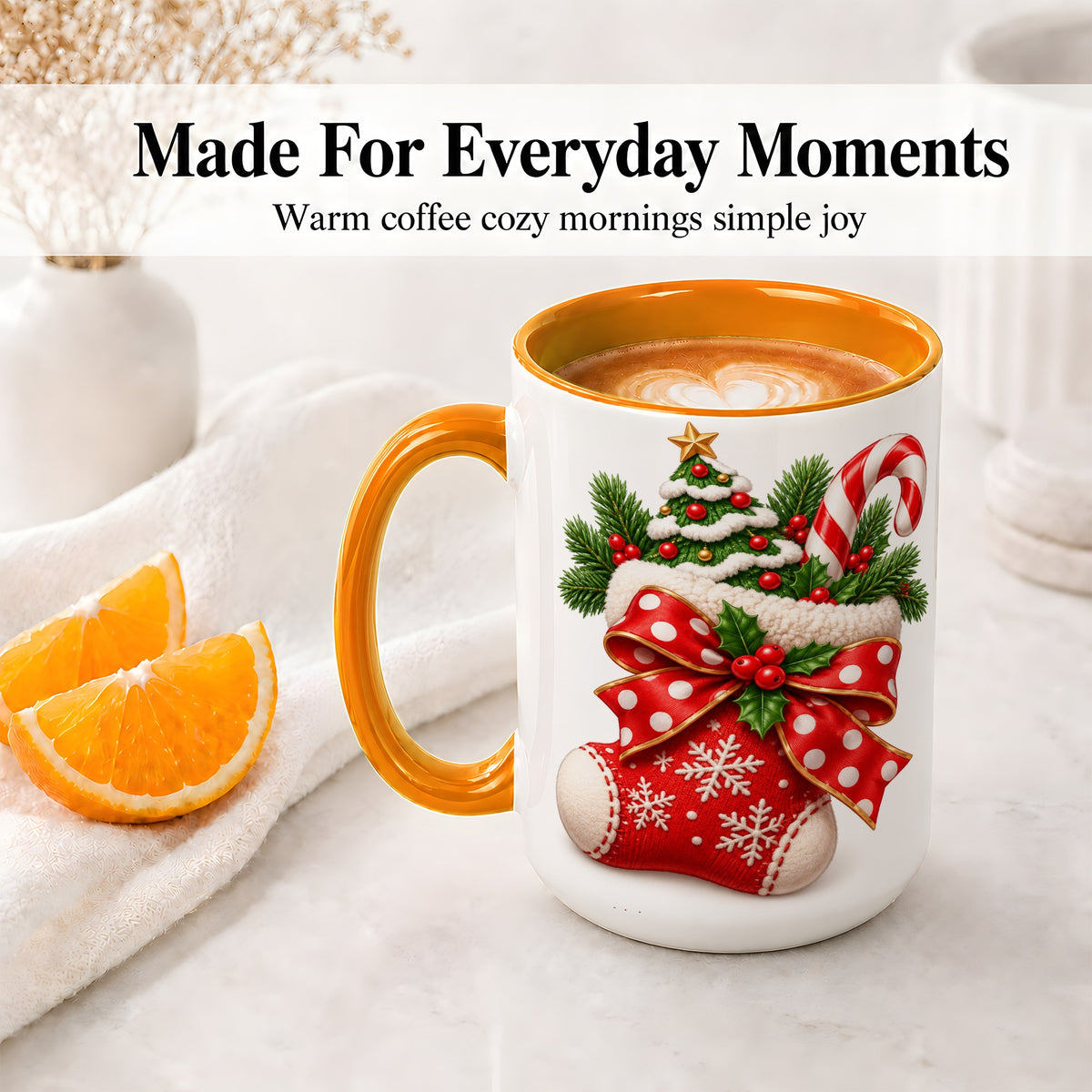 #pl[15oz|Orange] Christmas Stocking Bow Accent Mug, Ceramic Cup with Festive Art