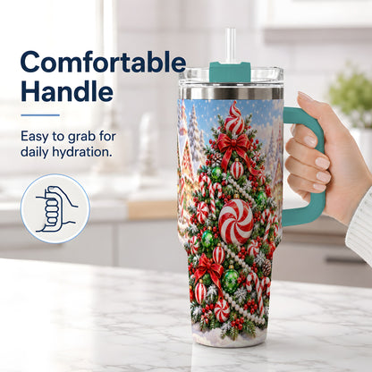 #pl[40oz|Green] Peppermint Christmas Tree 40oz Handled Tumbler, Candy Cane Design