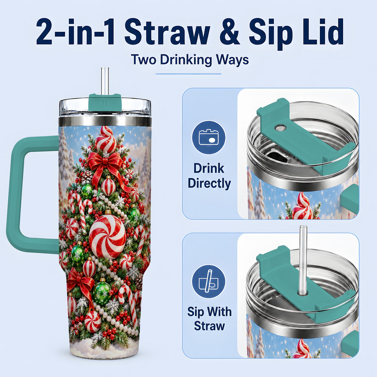 #pl[40oz|Green] Peppermint Christmas Tree 40oz Handled Tumbler, Candy Cane Design