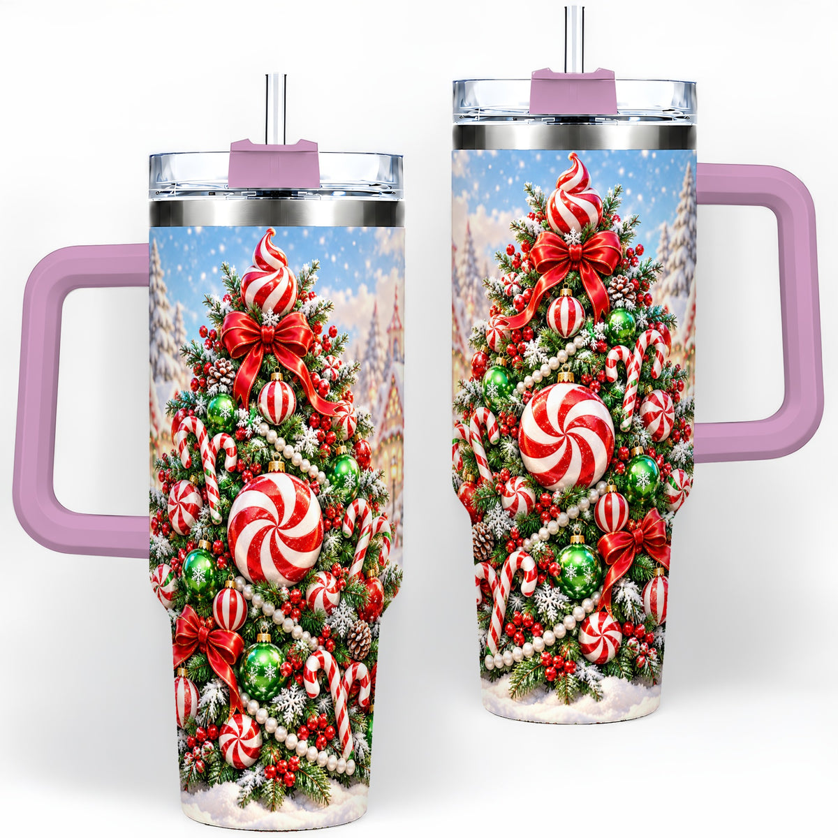 #pl[40oz|Pink] Peppermint Christmas Tree 40oz Handled Tumbler, Candy Cane Design