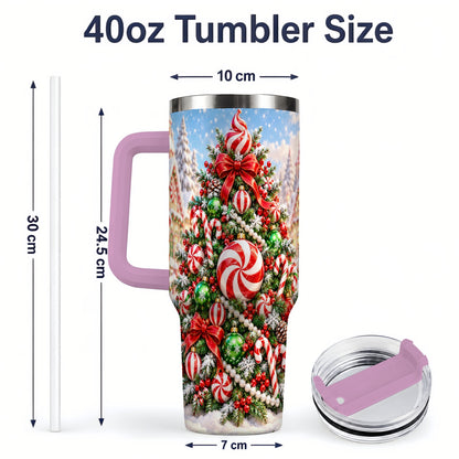 #pl[40oz|Pink] Peppermint Christmas Tree 40oz Handled Tumbler, Candy Cane Design