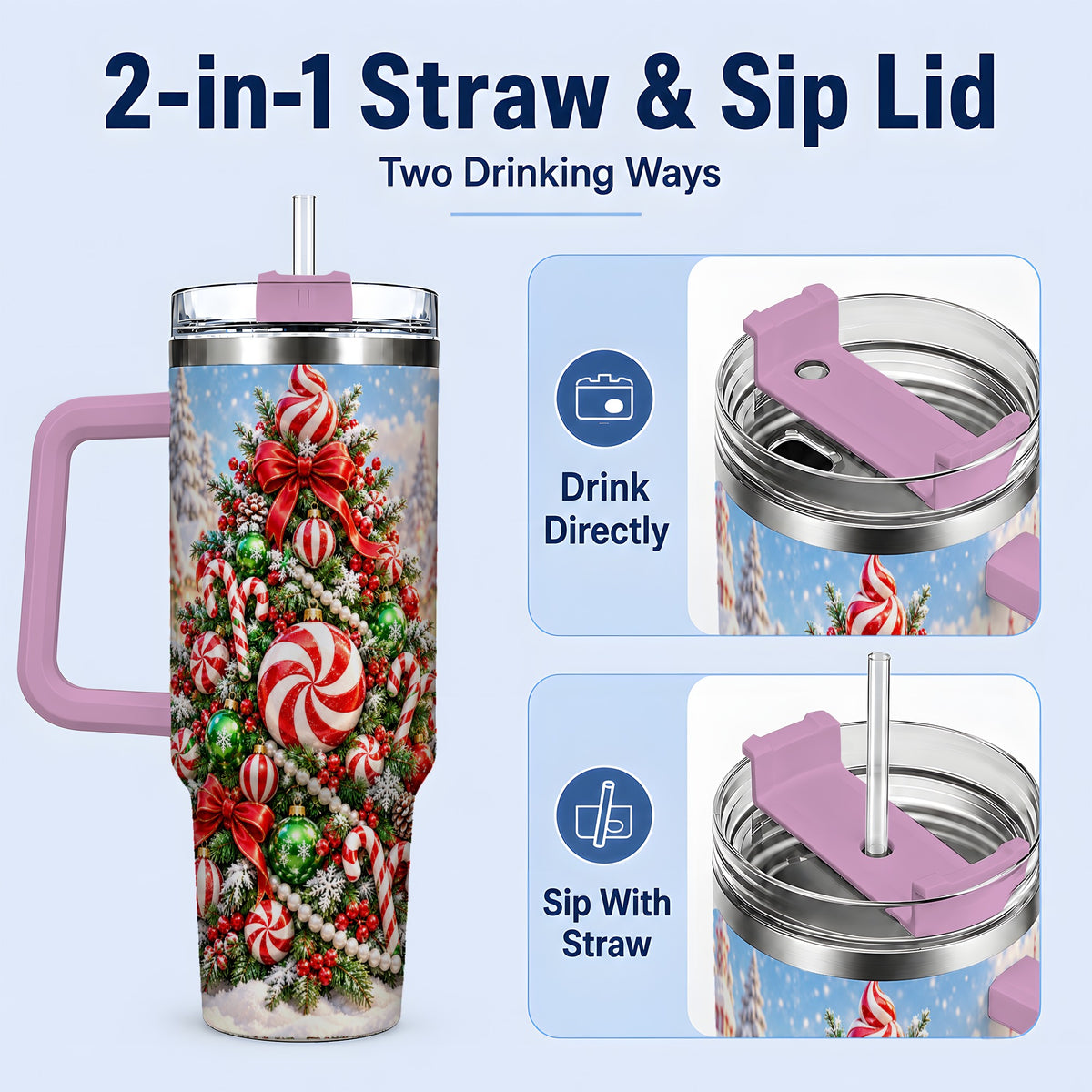 #pl[40oz|Pink] Peppermint Christmas Tree 40oz Handled Tumbler, Candy Cane Design