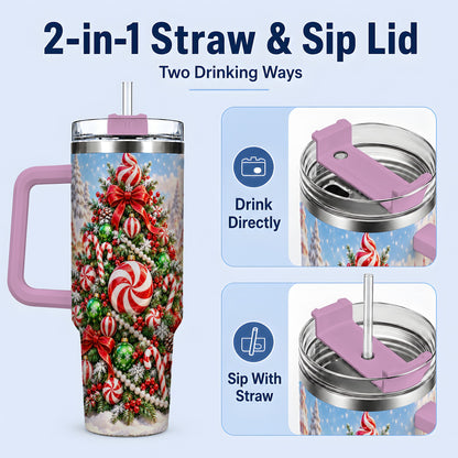 #pl[40oz|Pink] Peppermint Christmas Tree 40oz Handled Tumbler, Candy Cane Design