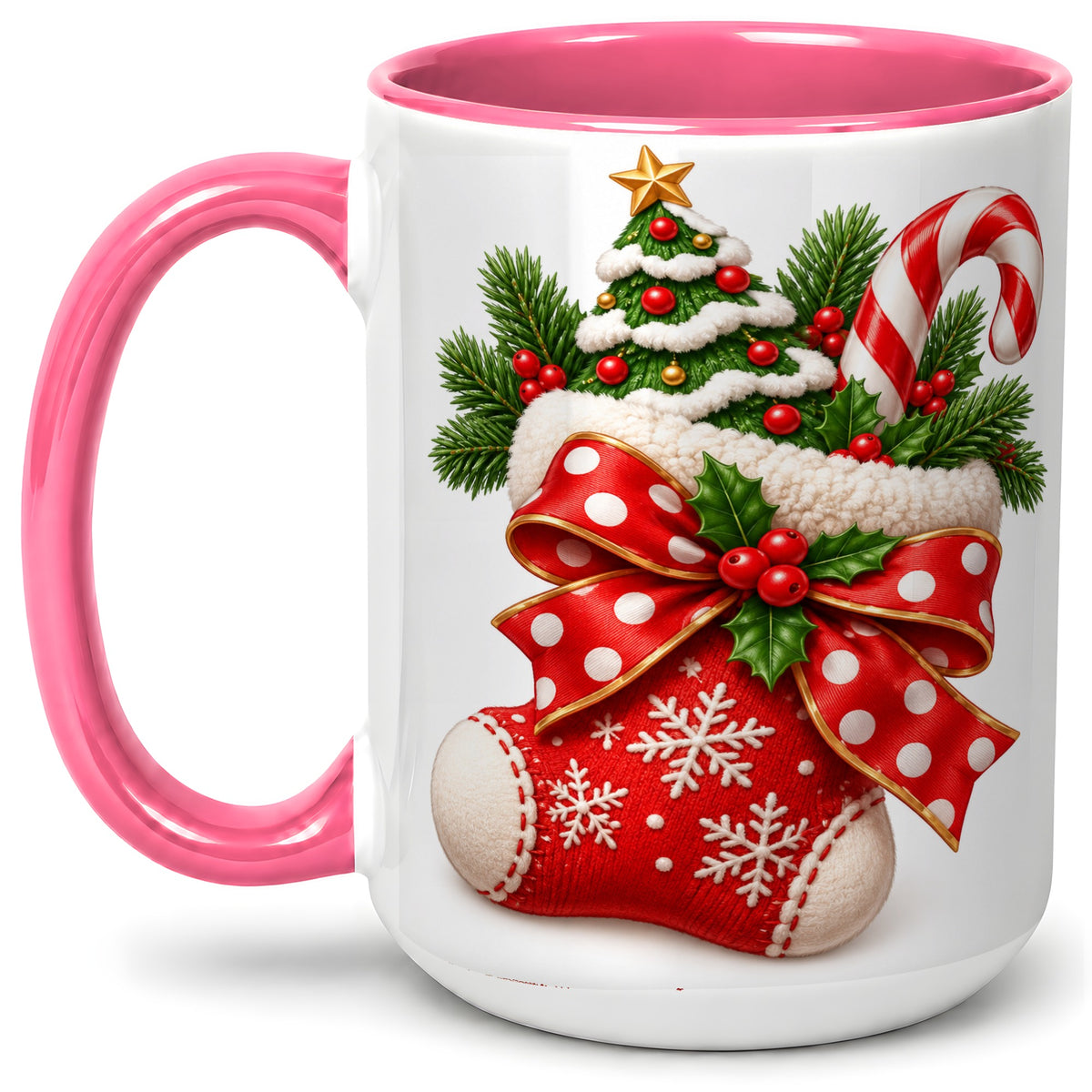 #pl[15oz|Pink] Christmas Stocking Bow Accent Mug, Ceramic Cup with Festive Art