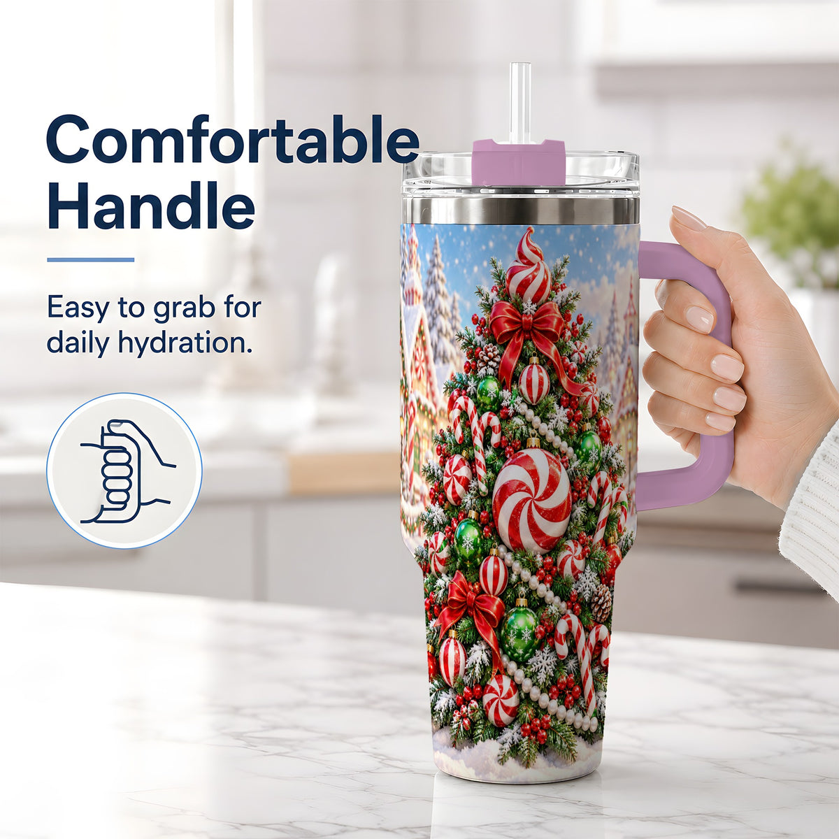 #pl[40oz|Pink] Peppermint Christmas Tree 40oz Handled Tumbler, Candy Cane Design