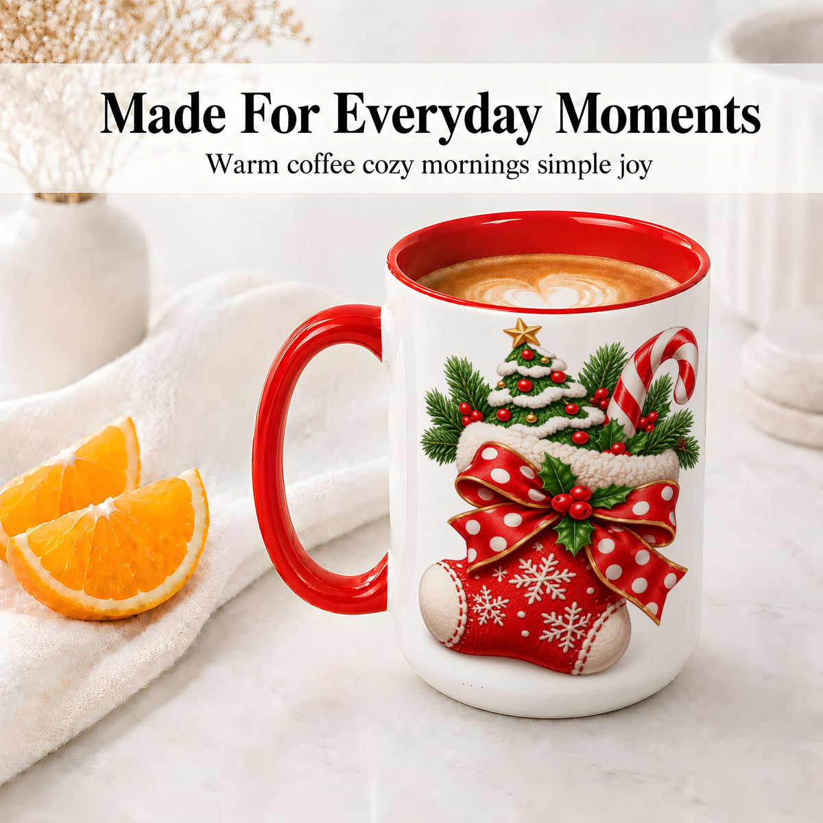 #pl[15oz|Red] Christmas Stocking Bow Accent Mug, Ceramic Cup with Festive Art