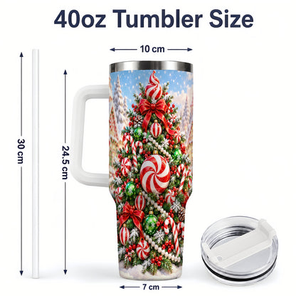 #pl[40oz|White] Peppermint Christmas Tree 40oz Handled Tumbler, Candy Cane Design