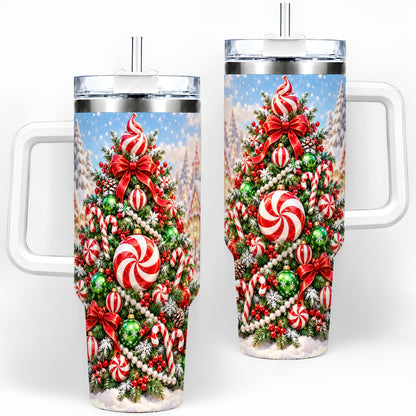 Peppermint Christmas Tree 40oz Handled Tumbler, Candy Cane Design