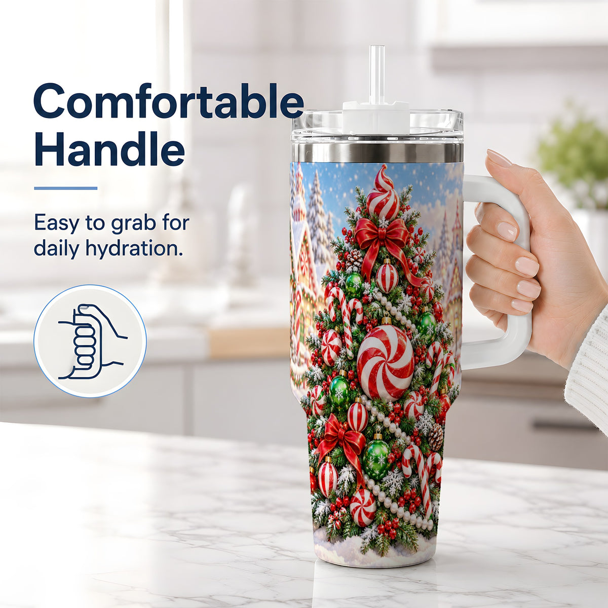 #pl[40oz|White] Peppermint Christmas Tree 40oz Handled Tumbler, Candy Cane Design