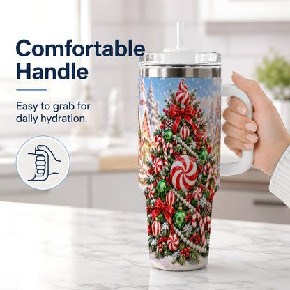 #pl[40oz|White] Peppermint Christmas Tree 40oz Handled Tumbler, Candy Cane Design