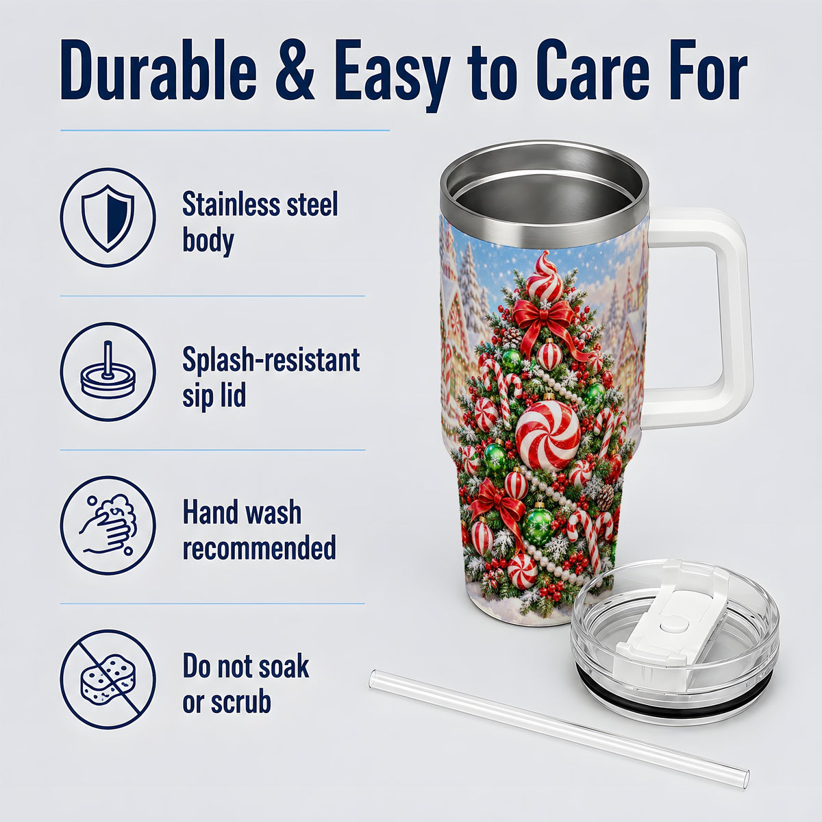 Peppermint Christmas Tree 40oz Handled Tumbler, Candy Cane Design