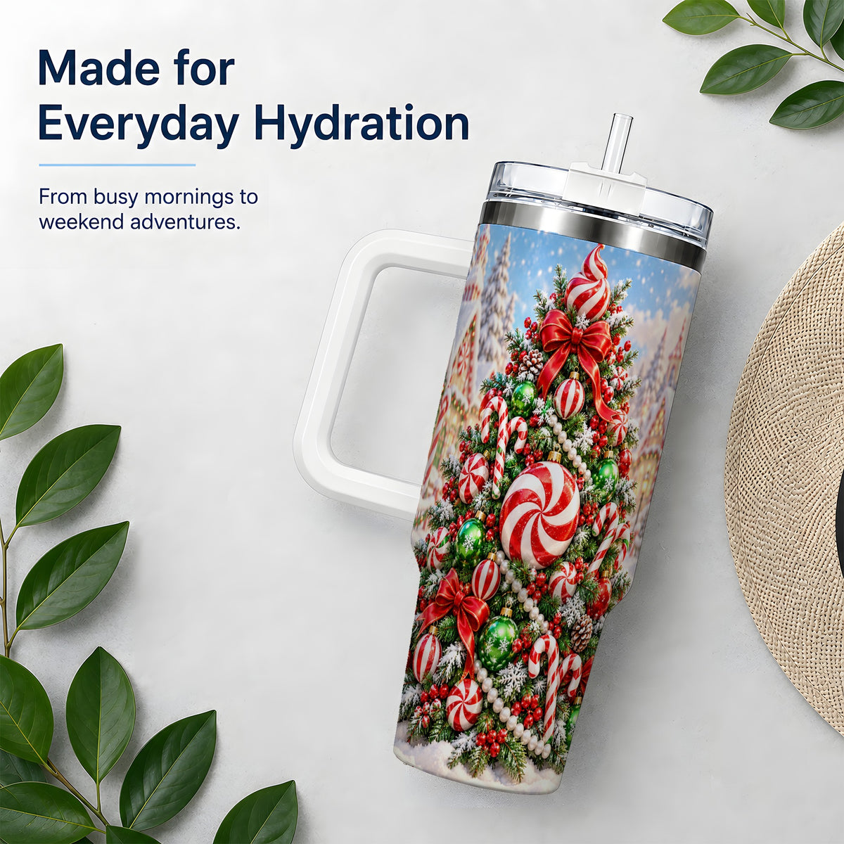 Peppermint Christmas Tree 40oz Handled Tumbler, Candy Cane Design
