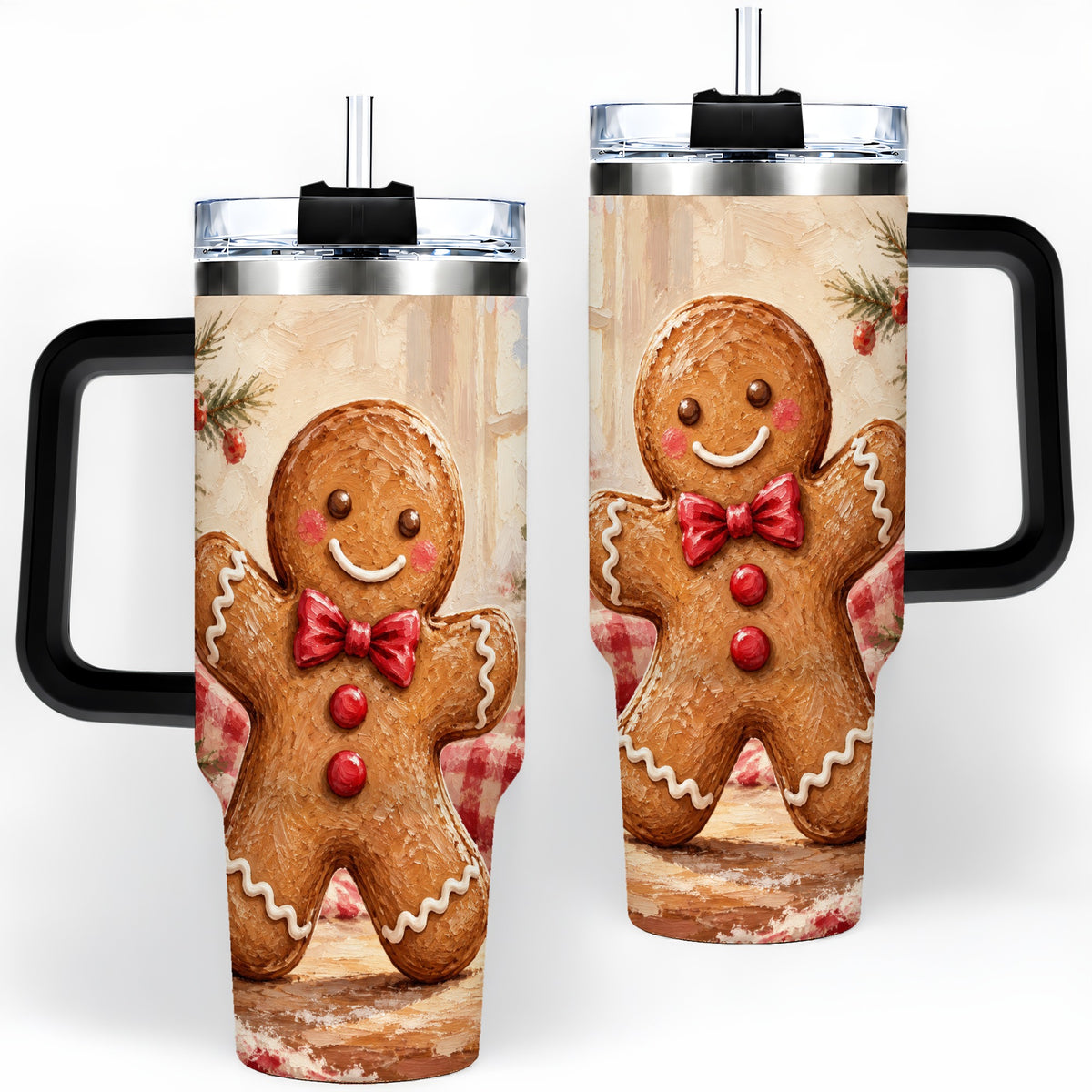 #pl[40oz|Black] Gingerbread Man 40oz Handled Tumbler, Festive Cookie Painting Art