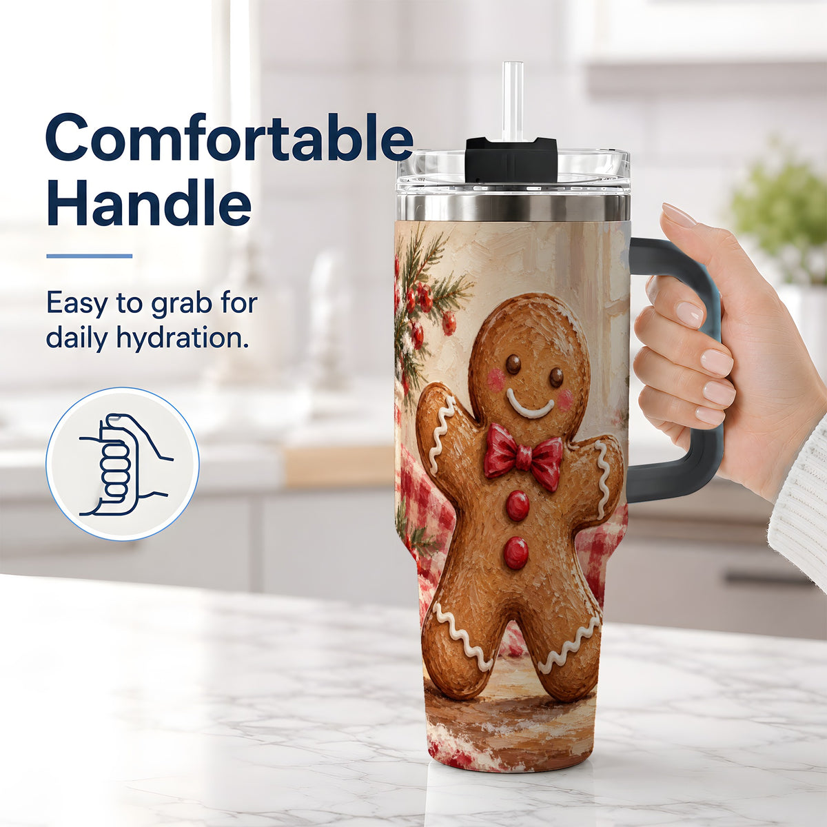 #pl[40oz|Black] Gingerbread Man 40oz Handled Tumbler, Festive Cookie Painting Art