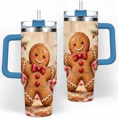 #pl[40oz|Blue] Gingerbread Man 40oz Handled Tumbler, Festive Cookie Painting Art