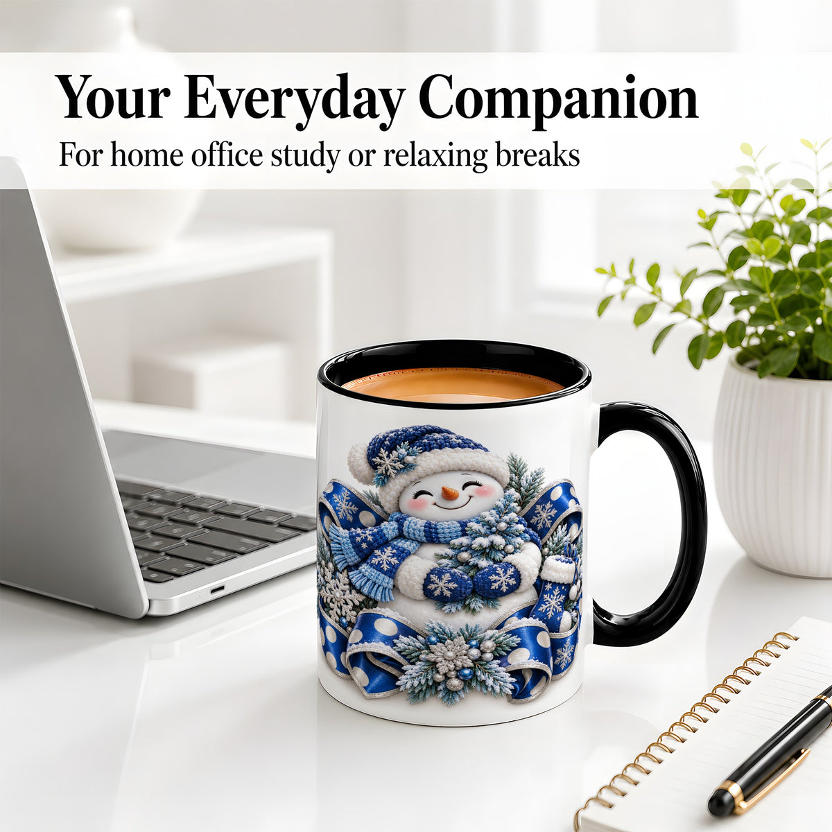 #pl[11oz|Black] Blue Christmas Snowman Accent Mug, Ceramic Cup with Winter Artwork