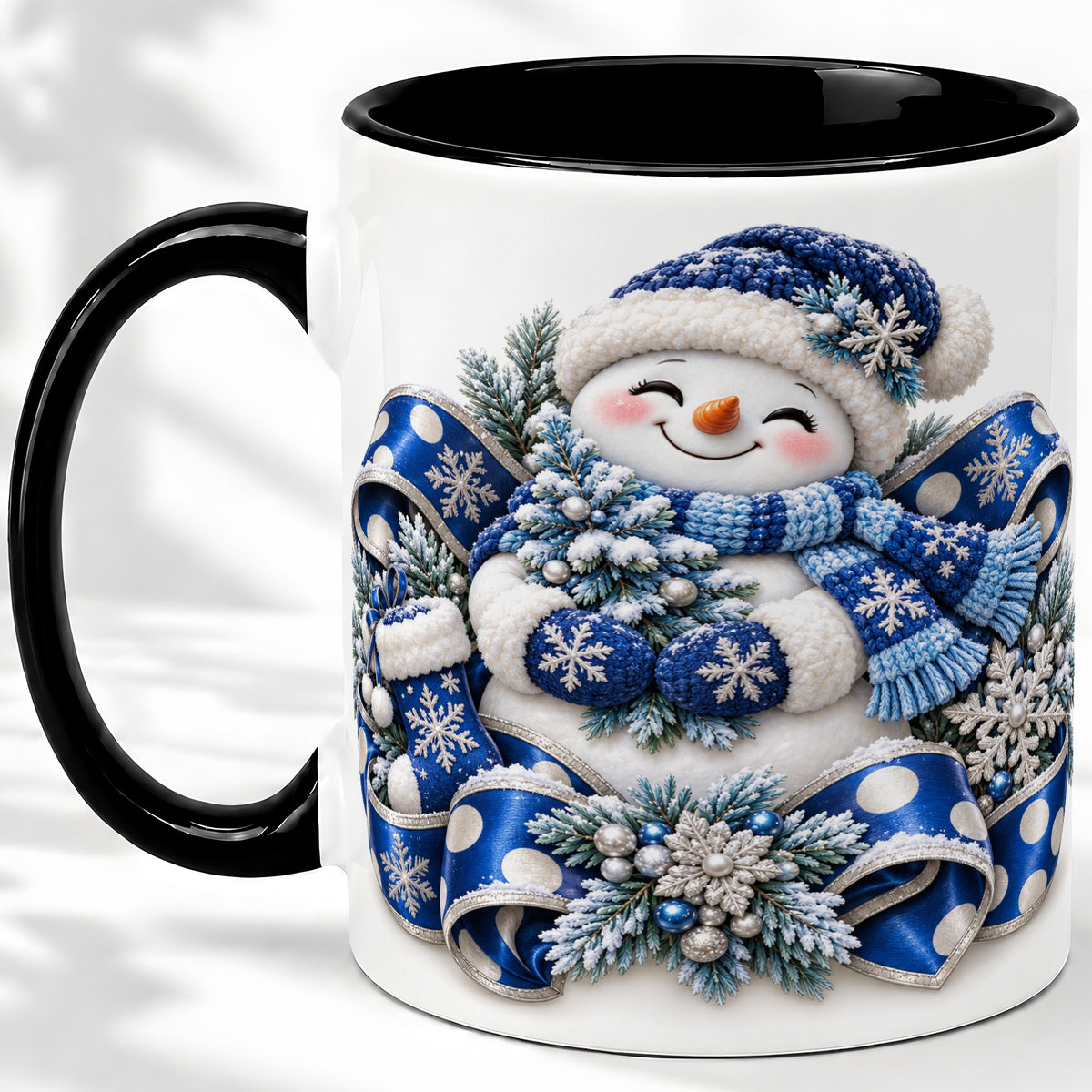 #pl[11oz|Black] Blue Christmas Snowman Accent Mug, Ceramic Cup with Winter Artwork