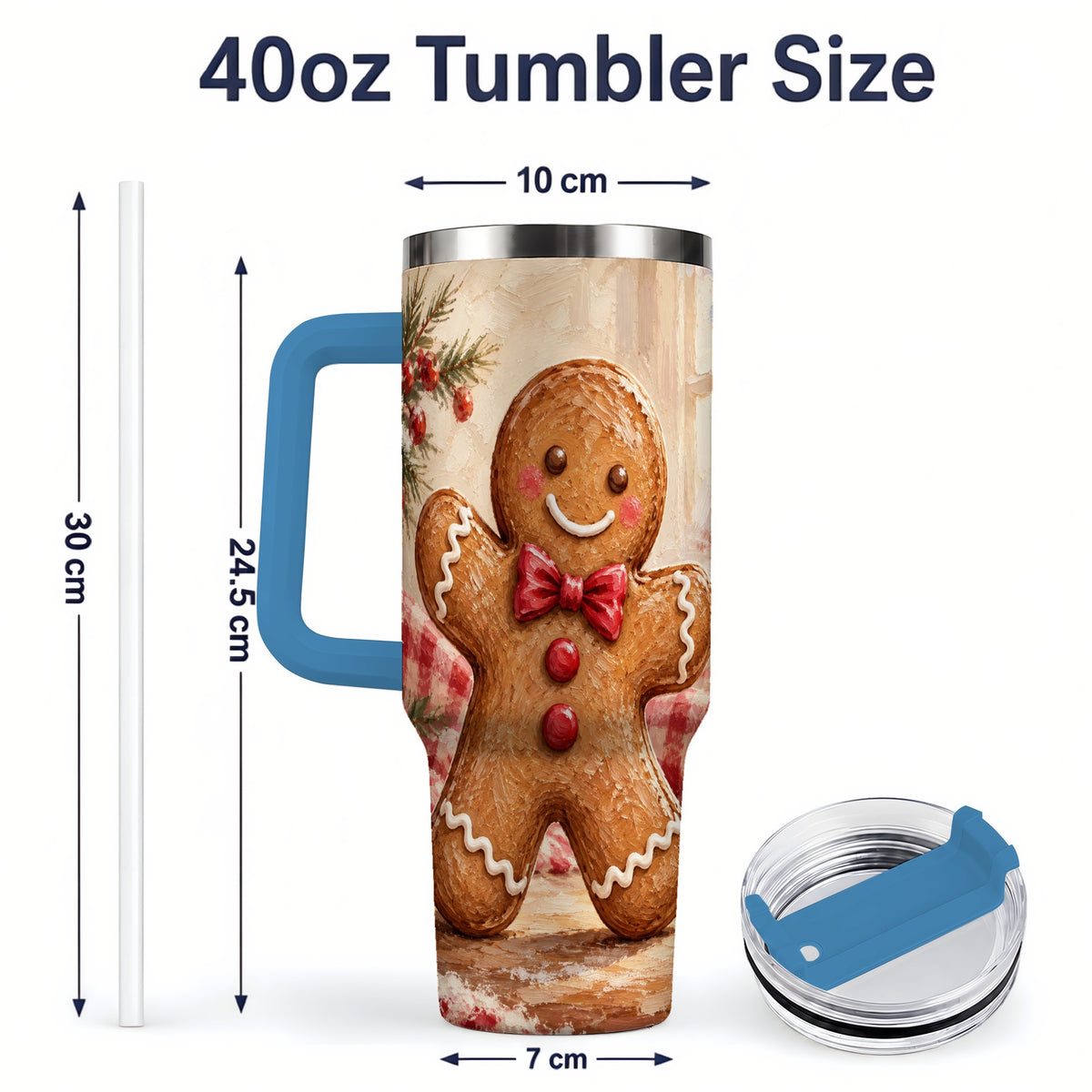 #pl[40oz|Blue] Gingerbread Man 40oz Handled Tumbler, Festive Cookie Painting Art