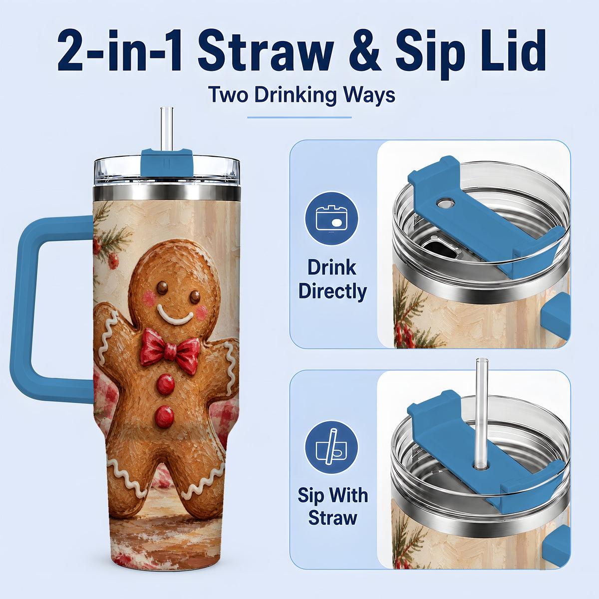 #pl[40oz|Blue] Gingerbread Man 40oz Handled Tumbler, Festive Cookie Painting Art