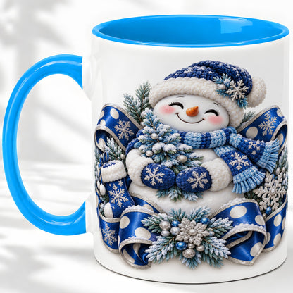 #pl[11oz|Blue] Blue Christmas Snowman Accent Mug, Ceramic Cup with Winter Artwork