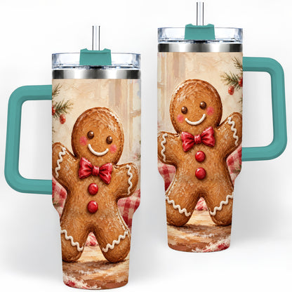 #pl[40oz|Green] Gingerbread Man 40oz Handled Tumbler, Festive Cookie Painting Art