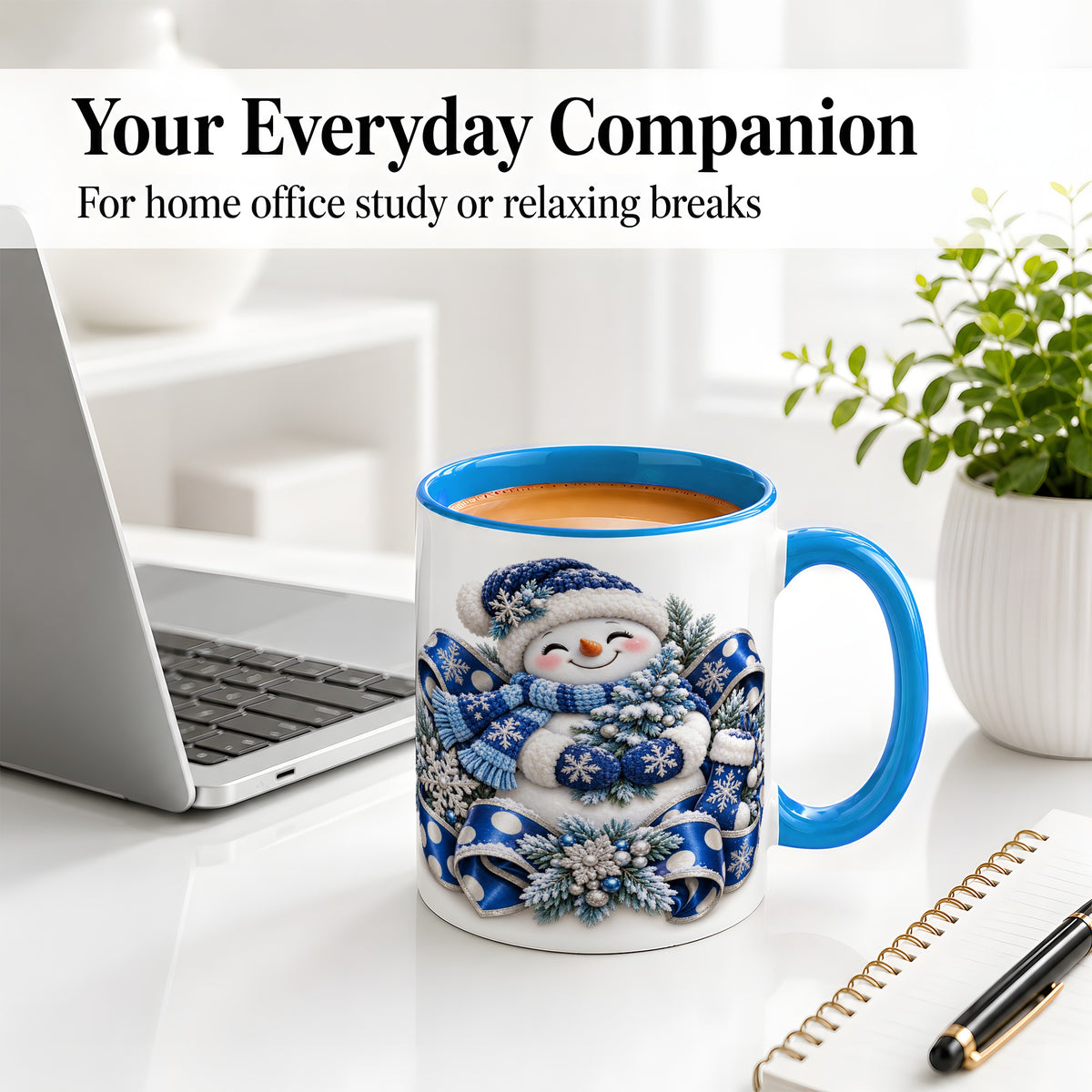 #pl[11oz|Blue] Blue Christmas Snowman Accent Mug, Ceramic Cup with Winter Artwork