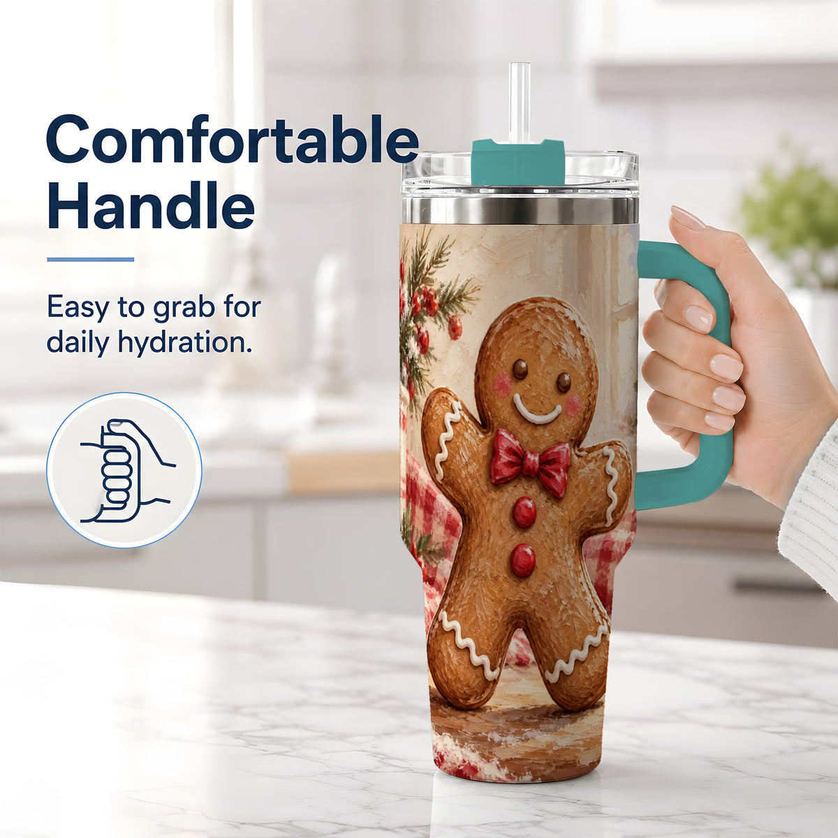 #pl[40oz|Green] Gingerbread Man 40oz Handled Tumbler, Festive Cookie Painting Art