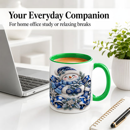 #pl[11oz|Green] Blue Christmas Snowman Accent Mug, Ceramic Cup with Winter Artwork