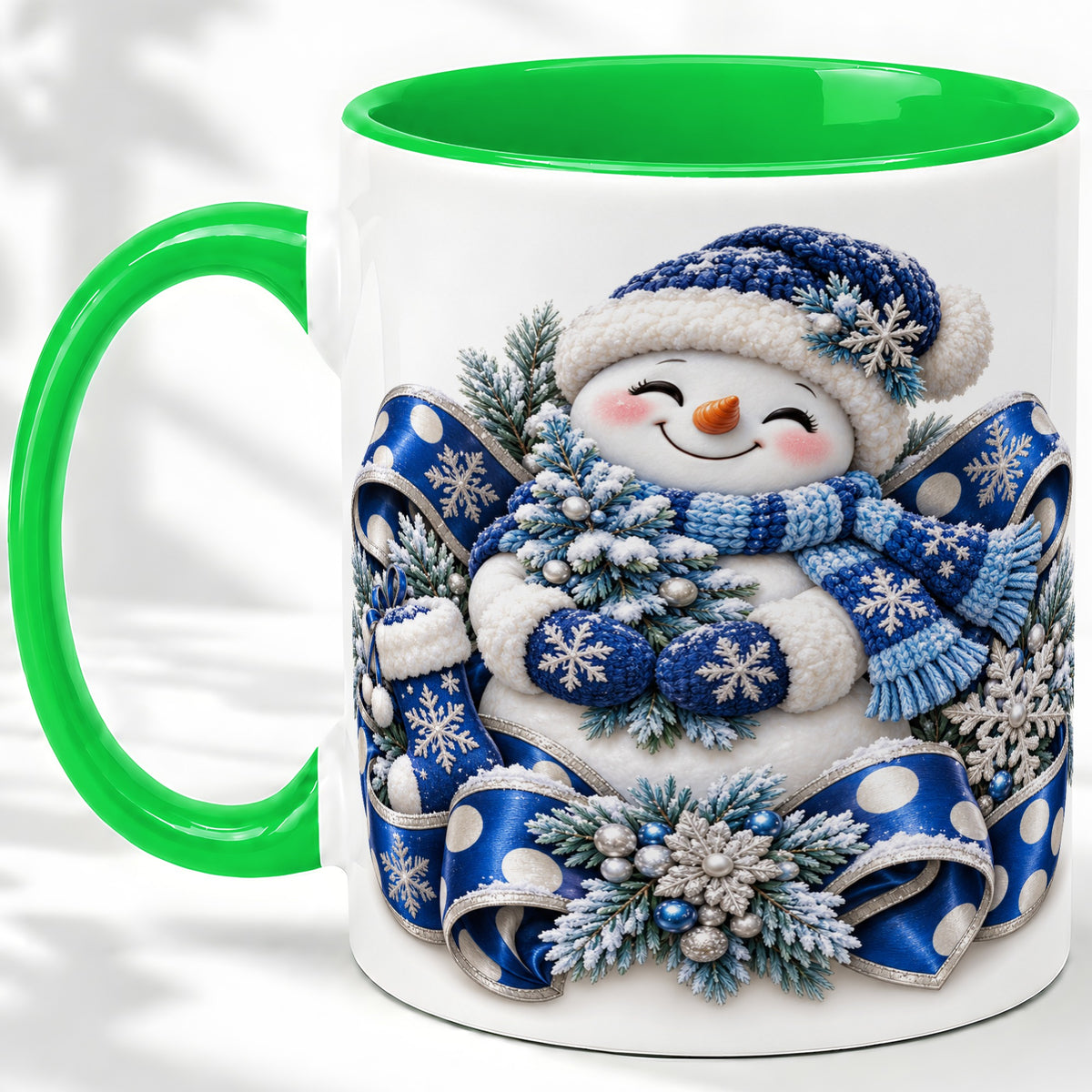 #pl[11oz|Green] Blue Christmas Snowman Accent Mug, Ceramic Cup with Winter Artwork
