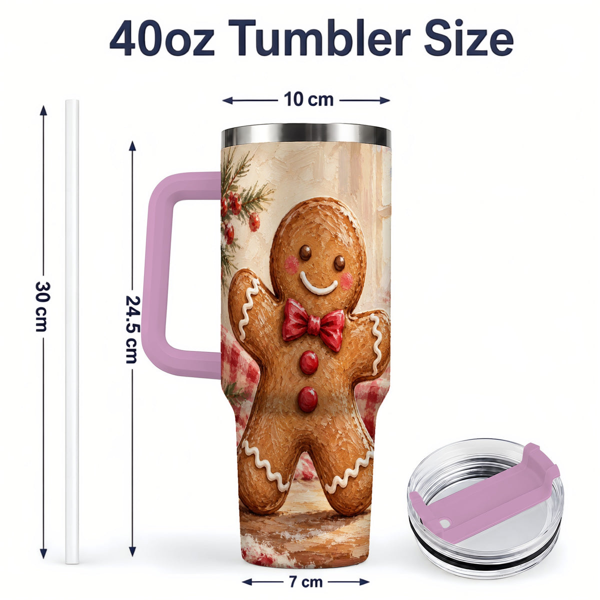 #pl[40oz|Pink] Gingerbread Man 40oz Handled Tumbler, Festive Cookie Painting Art