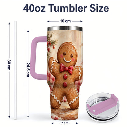 #pl[40oz|Pink] Gingerbread Man 40oz Handled Tumbler, Festive Cookie Painting Art