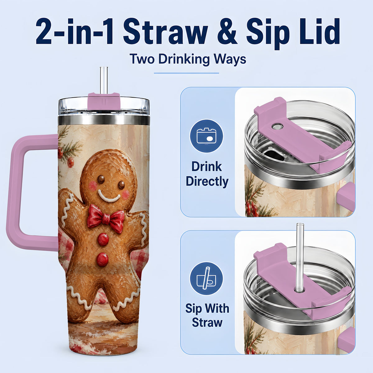 #pl[40oz|Pink] Gingerbread Man 40oz Handled Tumbler, Festive Cookie Painting Art