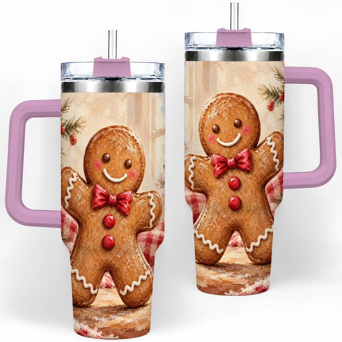 #pl[40oz|Pink] Gingerbread Man 40oz Handled Tumbler, Festive Cookie Painting Art