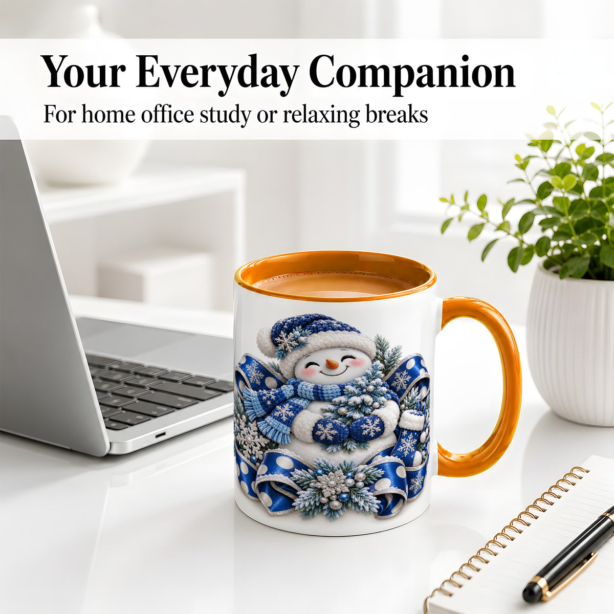 #pl[11oz|Orange] Blue Christmas Snowman Accent Mug, Ceramic Cup with Winter Artwork