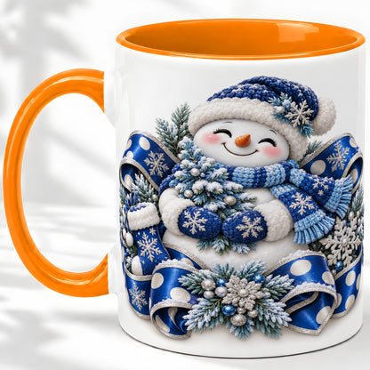#pl[11oz|Orange] Blue Christmas Snowman Accent Mug, Ceramic Cup with Winter Artwork