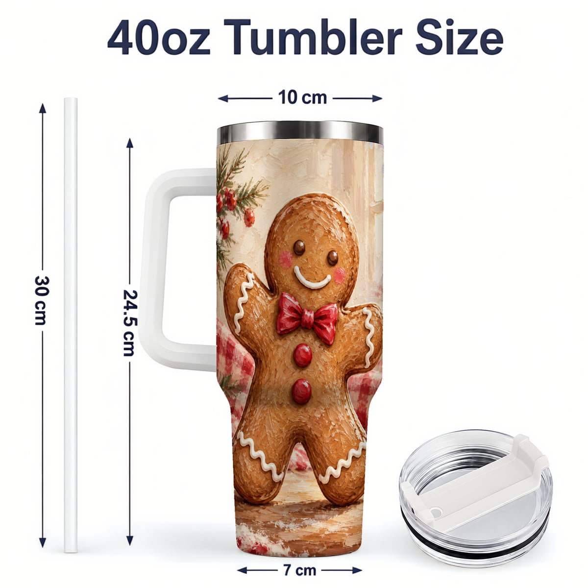 #pl[40oz|White] Gingerbread Man 40oz Handled Tumbler, Festive Cookie Painting Art