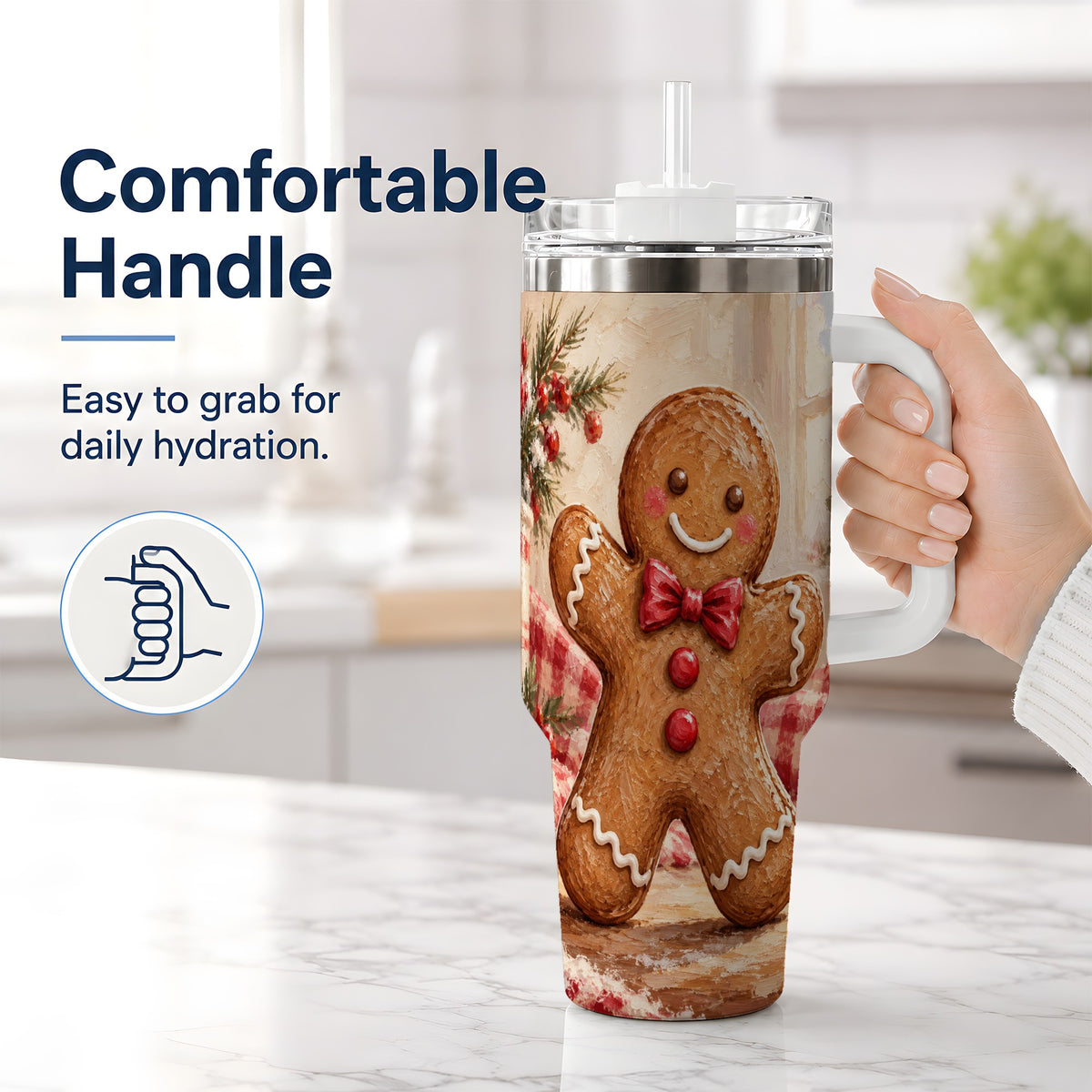 #pl[40oz|White] Gingerbread Man 40oz Handled Tumbler, Festive Cookie Painting Art